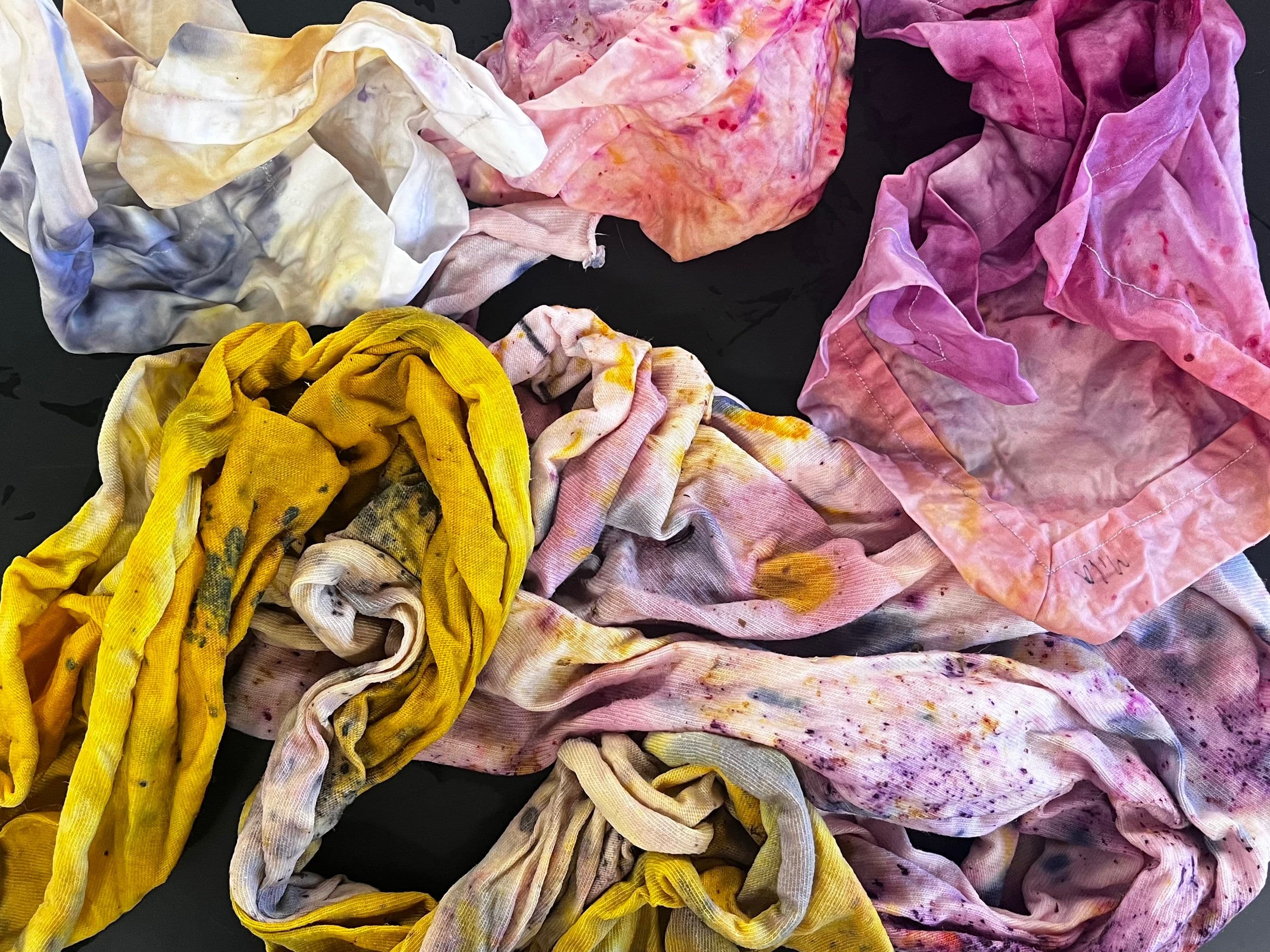 Various plant dyes on scrap fabric